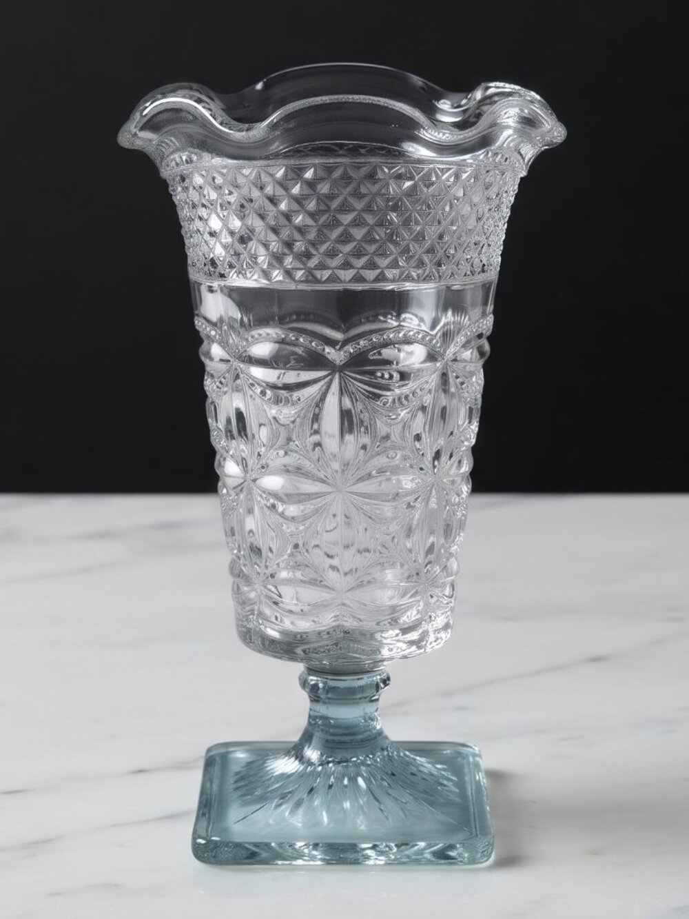 VTG Pressed Glass Pedestal Bristol Smith Glass Vase Scallop Rim Floral Pattern